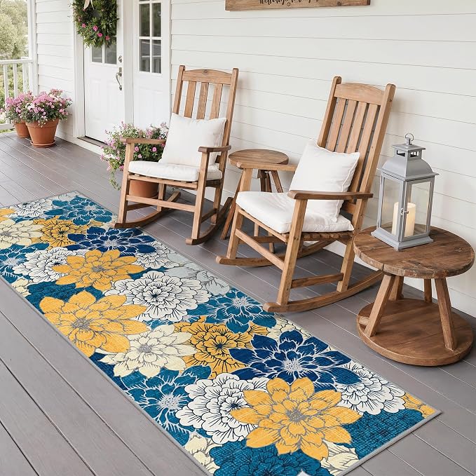GENIMO 2’x5’ Indoor Outdoor Runner Rug for Hallway, Washable Waterproof Bedside Rugs, Non-Slip, Floral Mat Carpet for Patio, Living Room, Bedroom, Balcony, Kitchen, Deck, Porch, Navy Blue