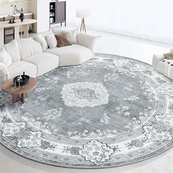 MUJOO Grey Round Rug 9ft,Circle Washable Area Rug Non Slip Low-Pile Floral | Large Circular Rugs for Living Room Bedroom Dining Room Boho Throw Carpet Soft Floor Indoor Vintage Bohemian Flowers