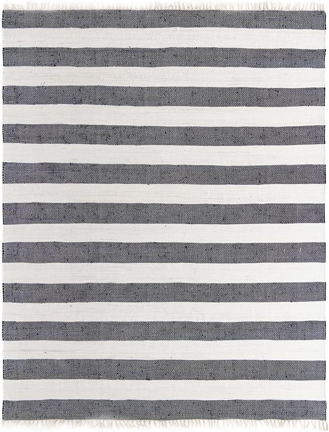 Unique Loom Chindi Rag Collection Area Rug - Striped (10' x 13' 1" Rectangle, Navy Blue/ Ivory)