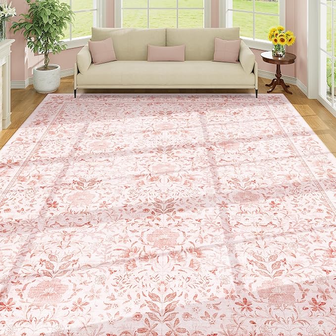 DUKINO 8x10 Area Rugs, Vintage Floral Washable Rug for Living Room, Pink | Non Slip, Low Pile, Non-Shedding, Stain Resistant, Aesthetic Soft Indoor Large Carpet for Bedroom, Dining Room, Farmhouse