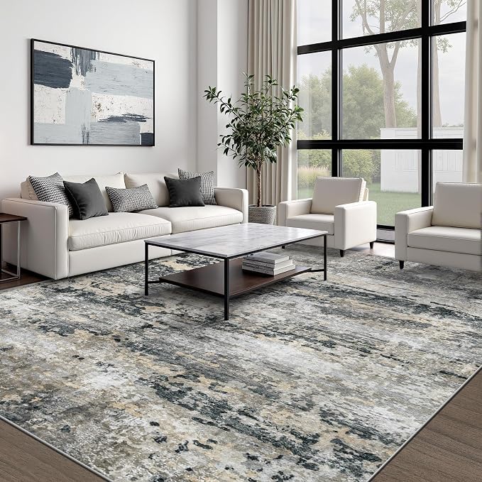 pmtsns Area Rugs 10x14 Living Room: Washable Rug Modern Abstract Neutral Soft Non-Slip Low-Pile Indoor Large Carpet for Bedroom Dining Room Playroom Home Office (Black Grey Brown, 10'x14')