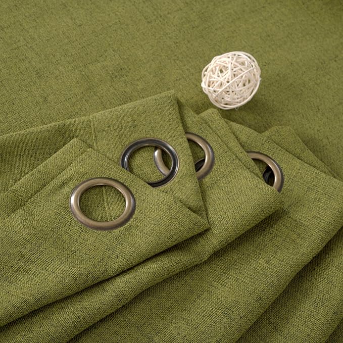 YoungsTex Green Linen Curtains 45 Inches Length, Short Window Drapes Light Filtering with Bronze Grommet for Kitchen Bedroom Decorative, 42 x 45 Inch, 2 Panels