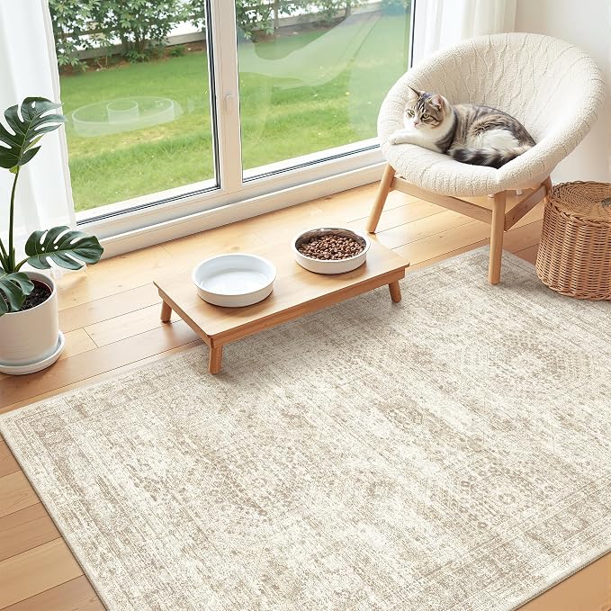 3x4 Rugs for Entryway,Washable Area Rug,Beige | Small Rug for Kitchen,Hallway,Bedroom,Bathroom,Thin,Soft, Neutral Rug,Stain Resistant Indoor Carpet,Non Slip