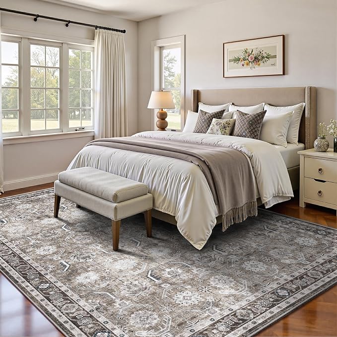 Living Room Rug 6x9, Soft Non Slip Low Pile Washable Rug, Boho Modern Area Rug for Bedroom, Dining Room, Brown