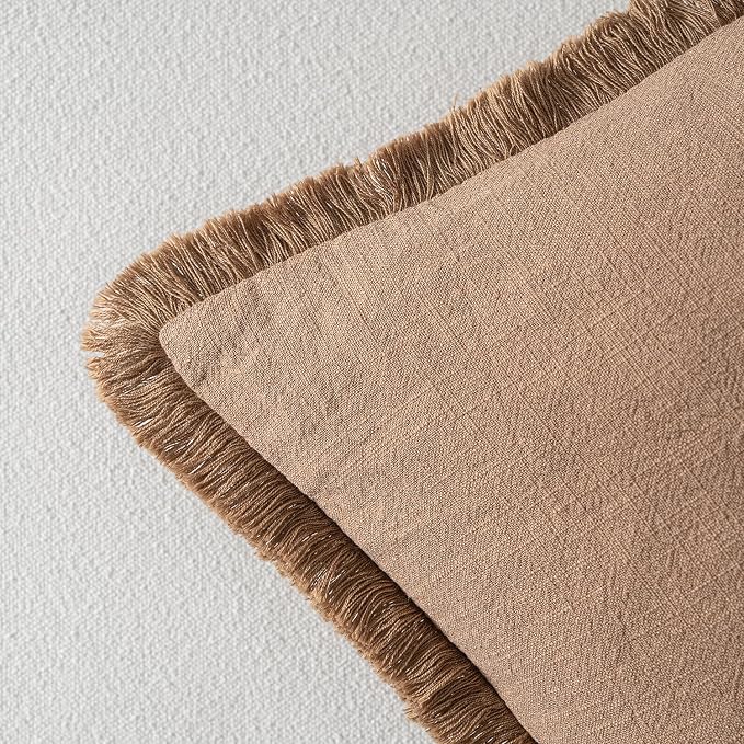 MIULEE Decorative Throw Pillow Covers Neutral Linen Fringe Throw Pillows Set of 2 Brown Boho Farmhouse Cushion Covers with Tassels for Couch Sofa Bed Living Room Fall Home Decor 20x20 Inch