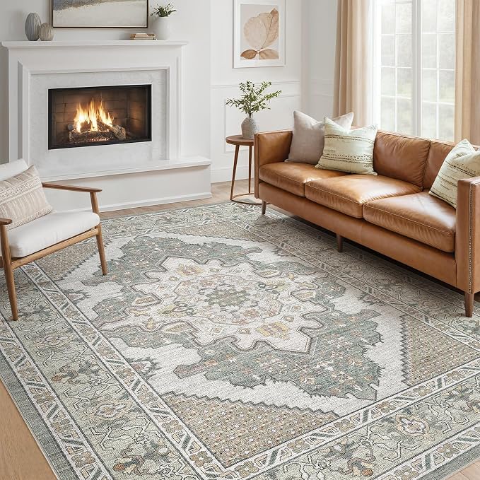 Tortania Area Rug Living Room Rugs - 12x15 Washable Boho Rug Vintage Oriental Distressed Farmhouse Large Thin Indoor Carpet for Living Room Bedroom Under Dining Table Home Office - Sage Green