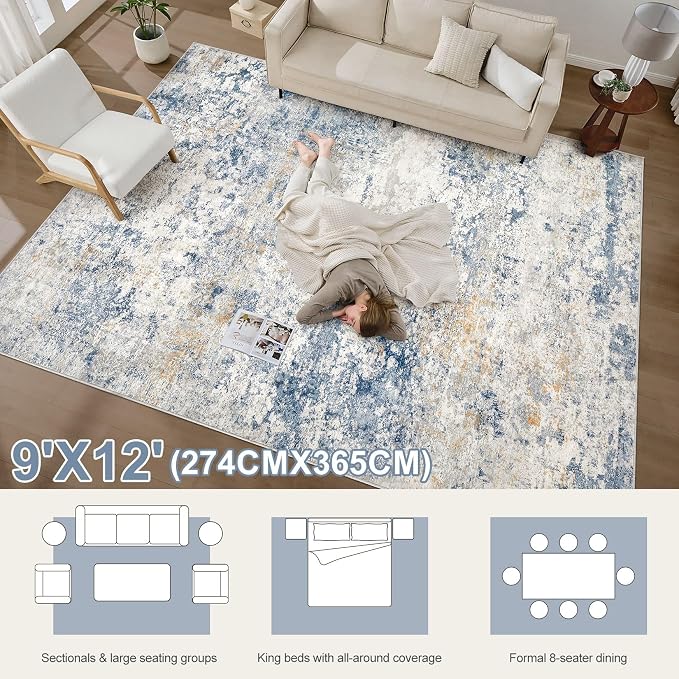 DMOYEST Area Rug Living Room Rugs - 9x12 Abstract Large Soft Indoor Washable Rug Neutral Modern Low Pile Carpet for Bedroom Dining Room Farmhouse Home Office - Blue