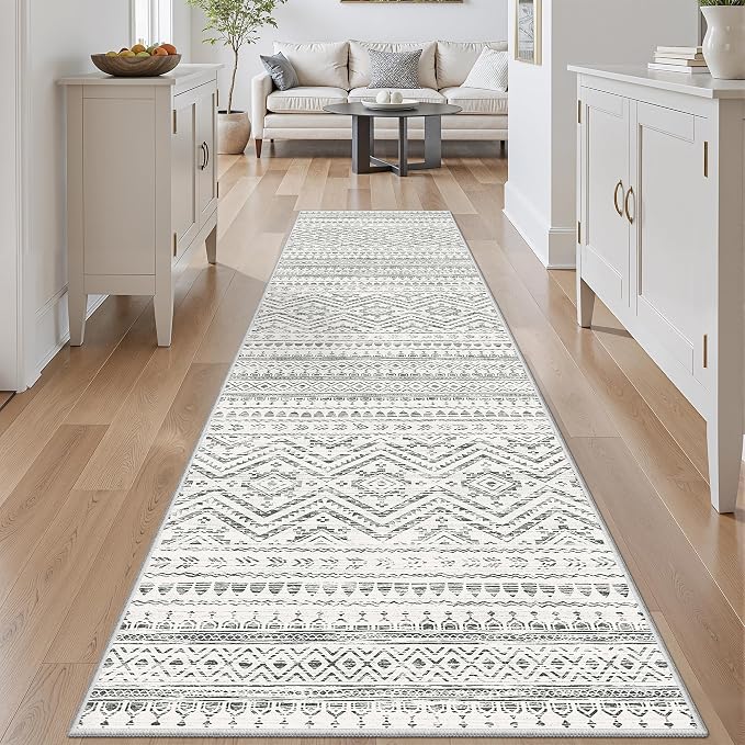 Miukiki 2x10 Runner Rug Moroccan Washable Hallway Runner Rug Non Slip Indoor Floor Kitchen Rug Foldable Carpet for Bathroom Laundry Room with Low Pile(Grey,2'x10')