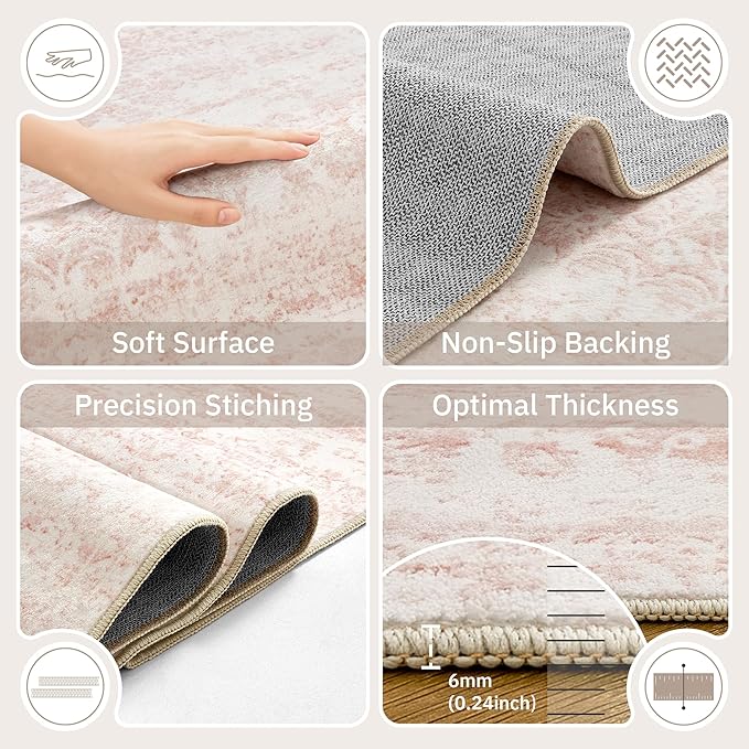 Soalmost Pink 5x7 Area Rugs for Baby Girl Nursery, Washable Soft Rugs | Vintage Floral Non-Slip Low Pile Throw Carpet for Living Room Dining Room Bedroom Kids Playroom 5'x7'