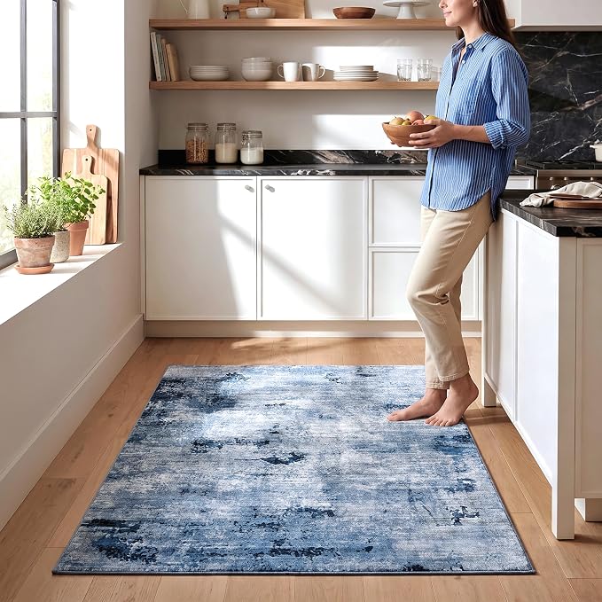 Washable Water Resistant Area Rug, Ultra Soft Abstract Distressed Carpet, 0.3" Low Pile, Foldable, Non-Slip Backing, for Entryway Bedroom Bedside Areas, 3'x5', Navy Blue