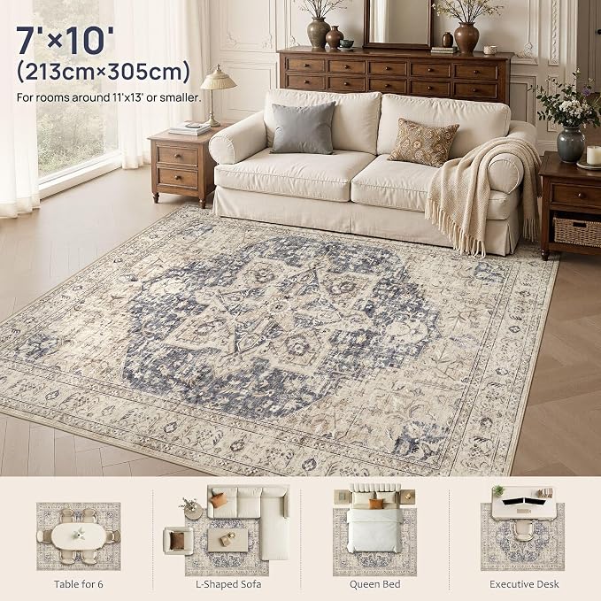 Tortania Area Rug Living Room Rugs - 7x10 Washable Boho Rug Vintage Oriental Distressed Farmhouse Large Thin Indoor Carpet for Living Room Bedroom Under Dining Table Home Office - Cream/Blue