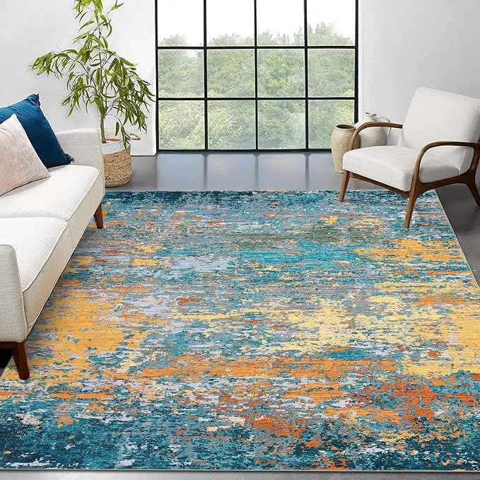 ROYHOME 10x13 Modern Abstract Faux Wool Rug for Living Room, Multi Color | Low Pile Ultra Soft Stain Resistant Non Slip Non Shedding Throw Rug for Bedroom Home Decor