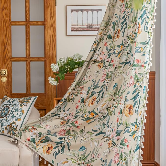 Boho Floral Curtains French Country Farmhouse Curtains 72 Inches Long Light Filtering Window Rod Pocket Drapes for Living Room 2 Panels-Green Flor