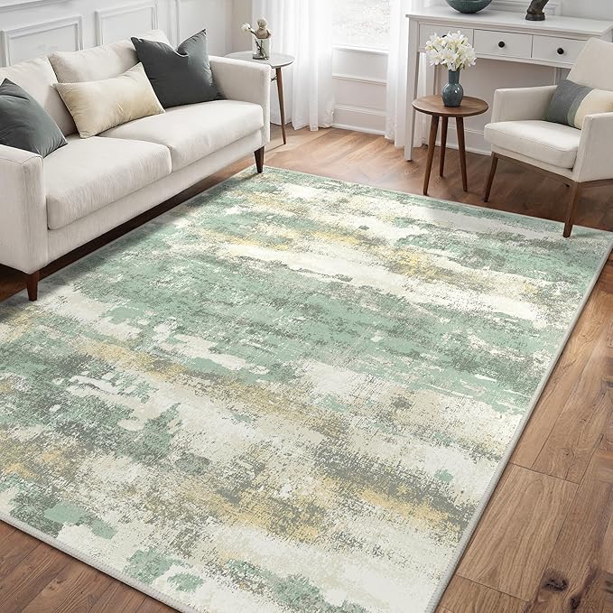 GENIMO 4x6 Rug for Entryway Washable Area Rug, Modern Abstract Small Throw Rugs for Entrance Living Room, Bedroom Beside Non-Slip Low Pile Lightweight Soft Carpet, Light Green