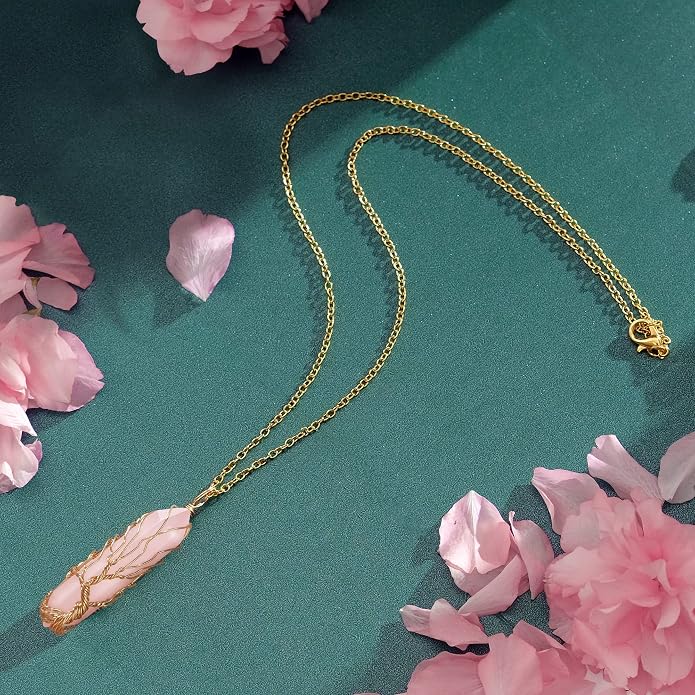 VIBILIA Healing Crystal Necklace Tree of Life Wire Wrapped Natural Stone Point Pendant Necklace Hexagonal Reiki Spiritual Quartz Gemstone Jewelry for Women Men