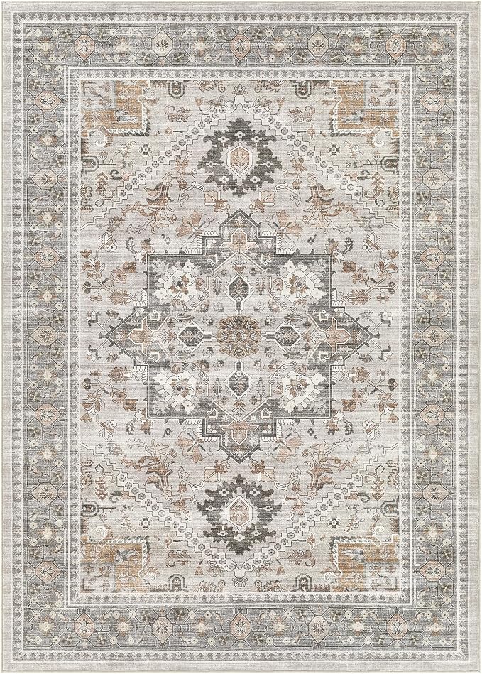 9x12 Vintage Area Rug: Washable Neutral Soft Non Slip Thin Large Floor Carpet for Living Room Bedroom Kitchen Dining Room Home Office Farmhouse Indoor - Taupe