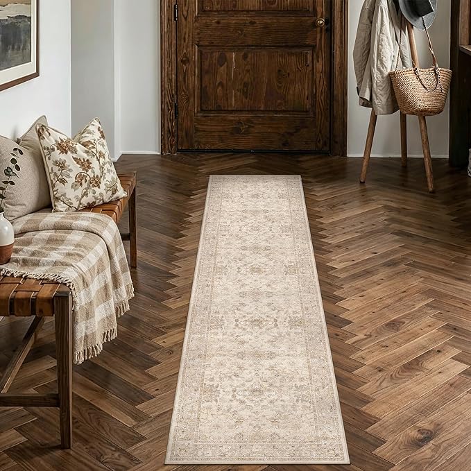 2x8 Beige Washable Runner Rug Non Slip Vintage Carpet | Soft Low Pile, Lightweight Foldable, Pet Friendly, Hallway, Kitchen, Bathroom, Front Door, Beside Bed