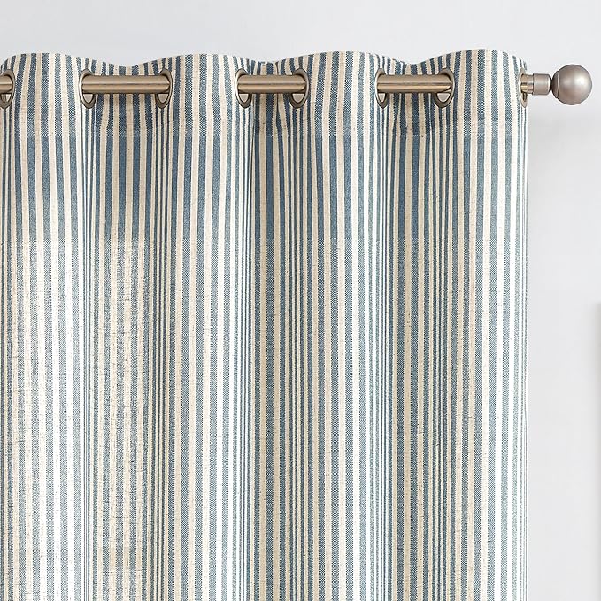 Vangao Linen Striped Curtains for Living Room Bedroom Farmhouse Tickingstripe Light Filtering Window Curtains Printed Drapes Grommet Top 2 Panels Blue W50 x L63 Inch