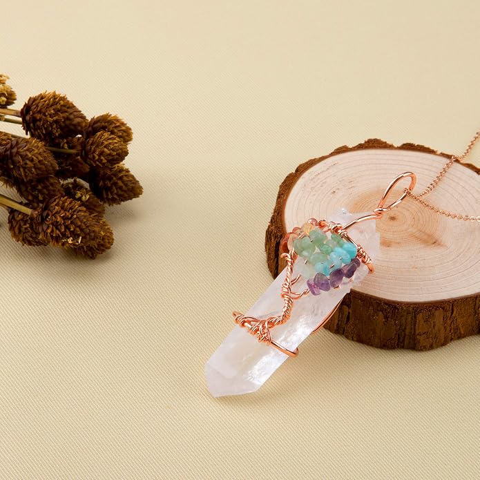 Bivei Life Tree Copper Wire Wrapped Crystal Necklace Chakra Pendant Natural Stone Quartz Reiki Jewelry Gift for Women