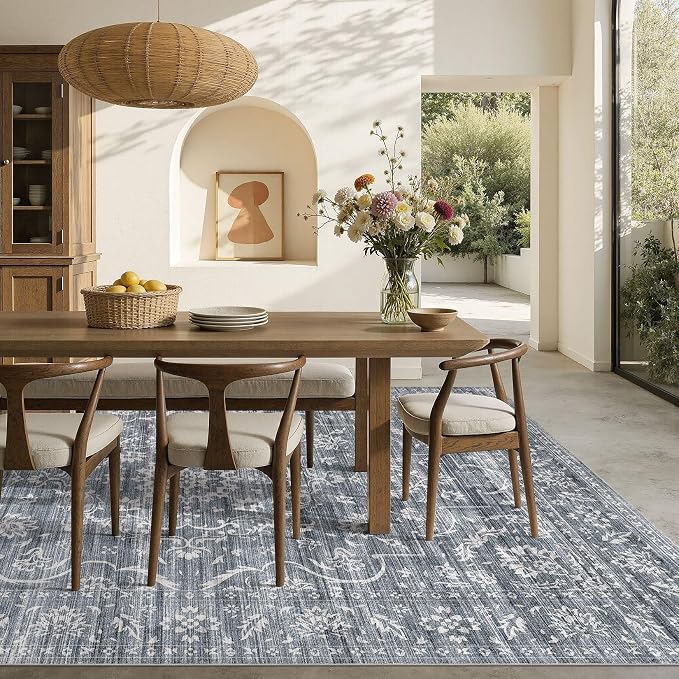 Nakagishi 5x7 Area Rugs Living Room: Washable Large Vintage Rug Neutral Non-Slip Soft Stain Resistant Indoor Carpet for Bedroom Nursery Dining Room Office Playroom - Retro Blue