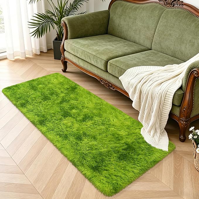 2x5 Feet Tie-Dye Green Shag Fluffy Rug for Bedroom, Soft Fuzzy Plush Carpet Runner for Bedroom, Cute Grass Green Runner for Kids Girls Room, Baby Nursery, Teen Dorm, Home Decor Aesthetic