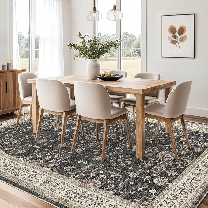 Area Rug for Living Room - 8x10 Soft Washable Oriental Vintage Floral Distressed Large Carpet - Fade Stain Resistant Non Slip Rugs for Bedroom Dining Room Nursery Dorm Office Home Decor - Black