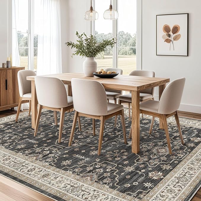 Area Rug for Living Room - 10x12 Soft Washable Oriental Vintage Floral Distressed Large Carpet - Fade Stain Resistant Non Slip Rugs for Bedroom Dining Room Nursery Dorm Office Home Decor - Black