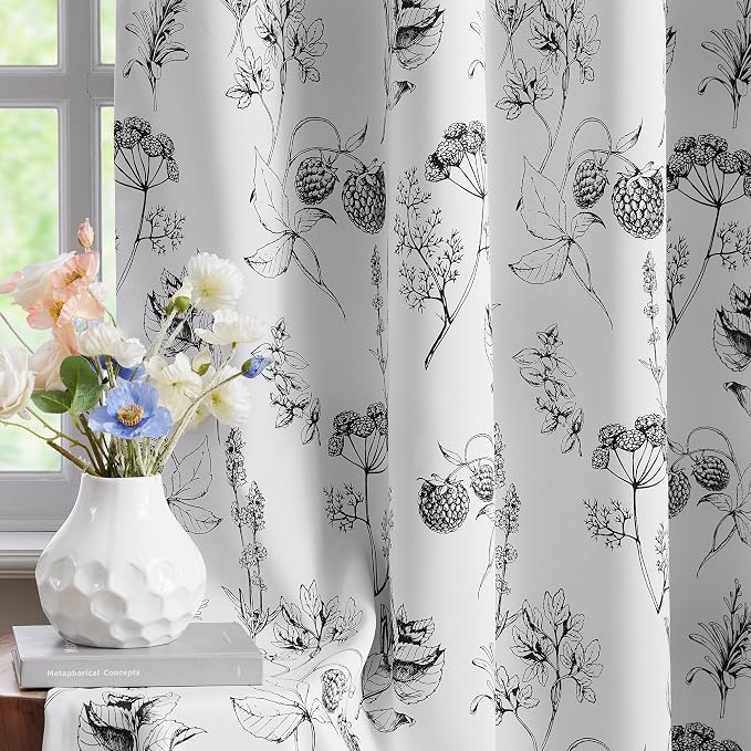 FMFUNCTEX 100% Blackout Black Floral Curtains 96 Inch Back Tab 2 Panels | Black Out Drapes, Thermal Insulated Cottage Farmhouse, Lichi Patterned Extra Long Curtain for Bedroom, Living Room Darkening