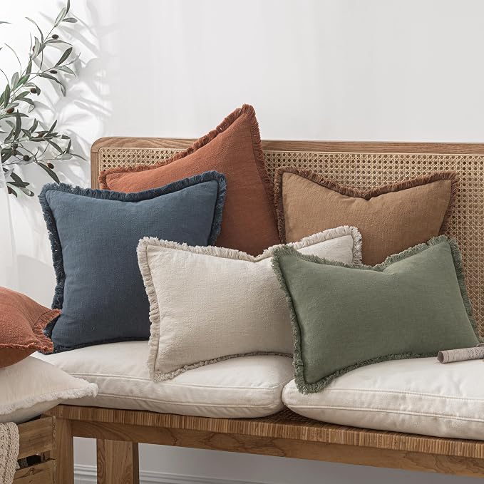 MIULEE Decorative Throw Pillow Covers Neutral Linen Fringe Throw Pillows Euro Shams Set of 2 Brown Boho Farmhouse Cushion Covers for Couch Sofa Bed Living Room Fall Home Decor 26x26 Inch
