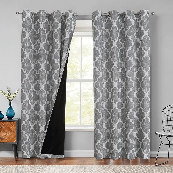 Beauoop Moroccan 100% Blackout Curtains Bedroom Grey 50x90 2 Panels | Geometric Room Darkening Drapes for Living Room 90 Inch Long Thermal Insulated Soundproof Lattice Window Treatment Grommet
