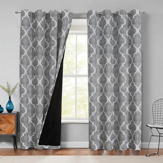 Beauoop Moroccan 100% Blackout Curtains Bedroom Grey 50x108 2 Panels | Geometric Room Darkening Drapes for Living Room 108 Inch Long Thermal Insulated Soundproof Lattice Window Treatment Grommet