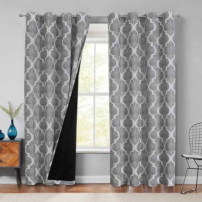 Beauoop Moroccan 100% Blackout Curtains Bedroom Grey 50x96 2 Panels | Geometric Room Darkening Drapes for Living Room 96 Inch Long Thermal Insulated Soundproof Lattice Window Treatment Grommet