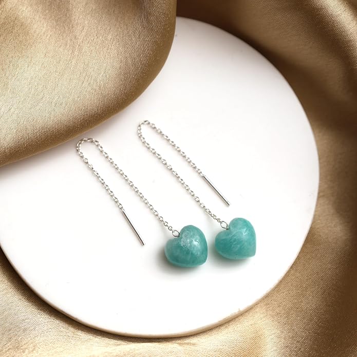 Gemstone Heart Shaped Threader Earrings in 925 Sterling Silver, Pull Through Adjustable, Versatile & Trendy, Perfect Valentine's Gift for Women, Choice of Gemstone Available