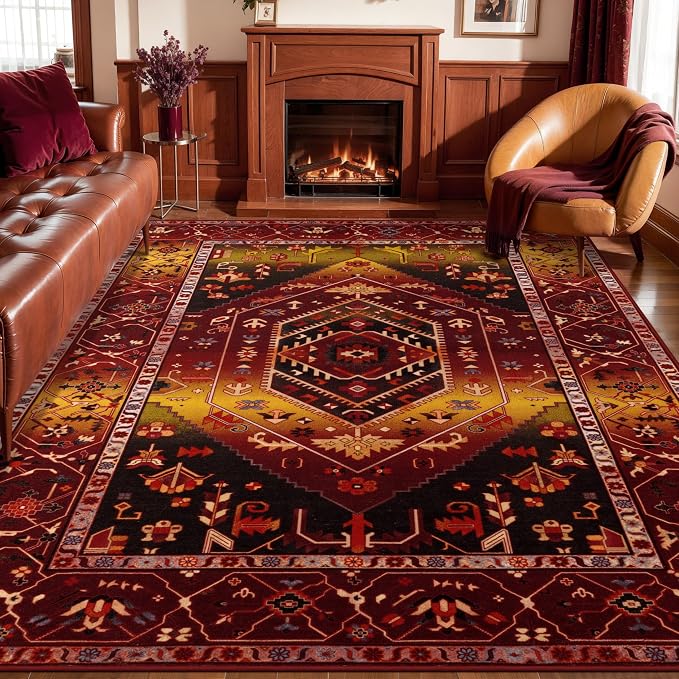 SERISSA Washable Rugs 8x10 Area Rugs, Large Non-Slip Boho Living Room Rug, Ultra Soft Oriental Vintage Rustic Red Gold Print Distressed Carpet for Dining Room Bedroom Dorm Office Home Decor
