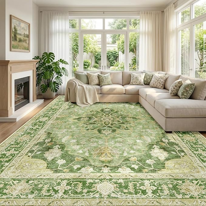 RELEANY Area Rugs Large 10'x14' Washable Non-Slip, Floral Vintage Distress Medallion Carpet for Living Room Bedroom Dining Room, Sage Green Yellow