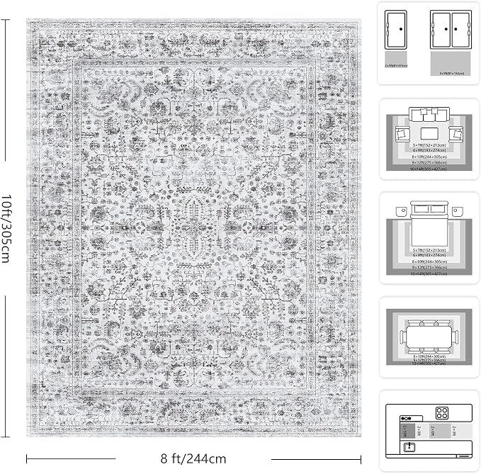 8x10 Area Rugs for Living Room, Washable Vintage Retro Floral Rug, Low Pile Non Slip Distressed Large Carpet for Bedroom, Dining Room, Office, Home (Vintage Black)