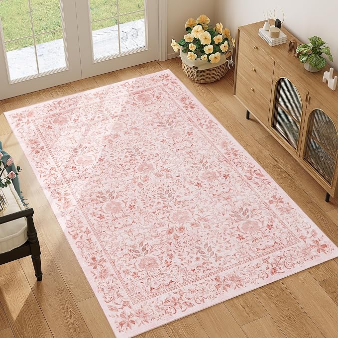 DUKINO 4x6 Rug for Living Room, Washable Vintage Floral Area Rug, Pink | Non Slip, Low Pile, Non-Shedding, Aesthetic Lightweight Soft Indoor Carpet for Bedroom Kitchen Bathroom Entryway Farmhouse