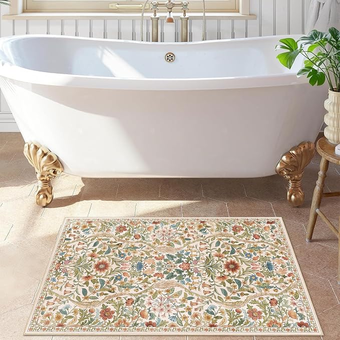 Floral 2x3 Entryway Rug,Washable Front Door Mat Indoor Non Slip Low Pile Small Carpet, Soft Beige Boho Botanical Throw Rug for Bathroom Bedroom Kitchen Laundry Indoor Entrance