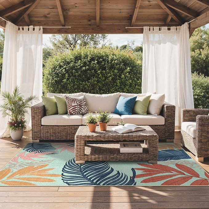 GENIMO 8x10 Outdoor Rug, Washable Quick Dry for Patio, Navy Sage | Botanical leaf design for backyard; fade resistant chenille with quick-dry non-slip backing for indoor living rooms.