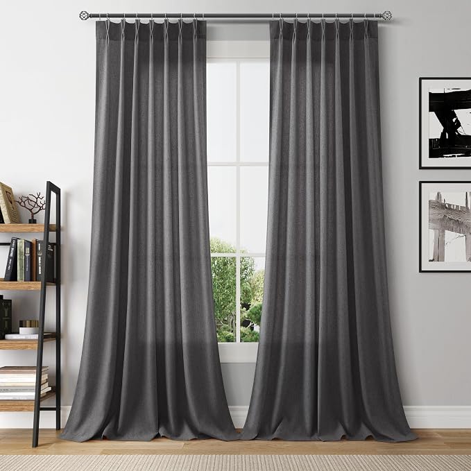 Aersas Blazer Grey Pinch Pleated Linen Curtains 96 Inches Length Flax Texture Wave Fabric Vertical Light Filtering Semi Sheer Window Shades for Living Room Bedroom with Hooks Home Decor 40x96 Inch