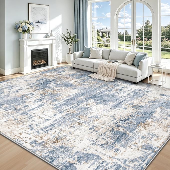 XLUEZ 9x12 Area Rug for Living Room, Washable Modern Abstract Large Area Rug Neutral Soft Non Slip Kids Rug Stain Resistant Indoor Carpet for Bedroom Dining Room Playroom Office(Blue, 9'x12')
