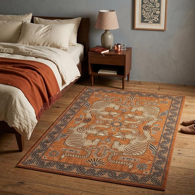 GarveeHome 3x5 Tiger Washable Area Rug for Entryway, Boho Terracotta Bedroom Rug Non Slip Low Pile Vintage Tribal Carpet Stain Resistant Throw Rug for Kitchen Dorm Kids Room Office Dining Room