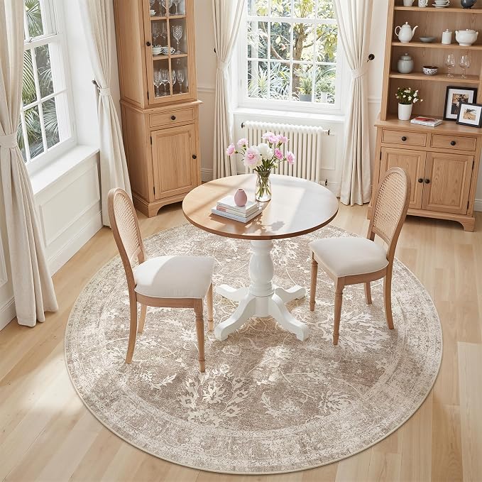 Madane Washable Round Rug 5ft for Living Room, Soft Ultra-Thin Non-Slip Vintage Floral Circle Area Rug, 5x5 Round Throw Carpet for Entryway Nursery Bedroom Kitchen Dining Room (Brown/Sand, 5'Round)