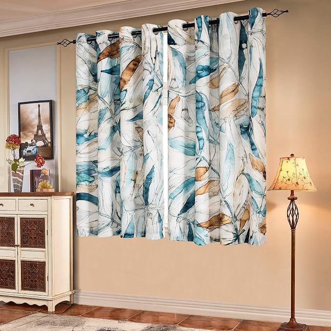 SUBRTEX Light Flitering Curtains 52Wx63L, Room Darkening Vibrant Floral Drapes, 50% Blackout, Semi Sheer Boho Farmhouse Curtains for Living Room, Blue