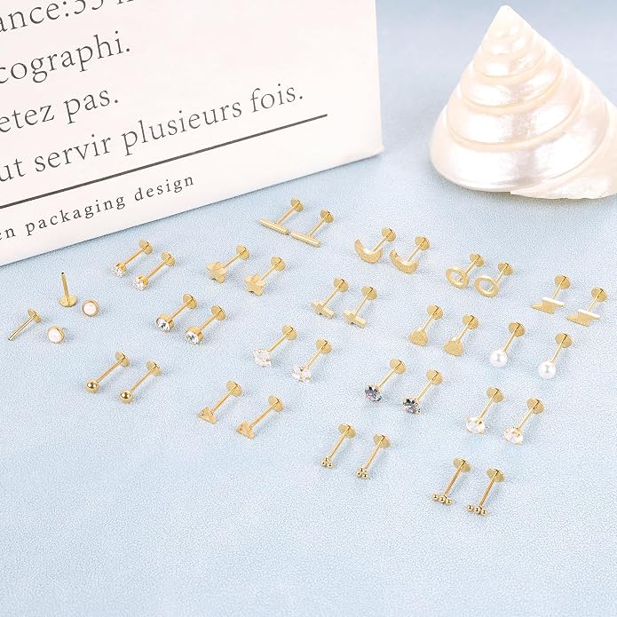 NICEIGHT 18Pairs 20G 316L Stainless Steel Threadless Push in Stud Earrings for Women Men Flat Back Cartilage Stud Earring Helix Tragus Stud CZ Heart Moon Star Ear Stud Piercing Jewelry