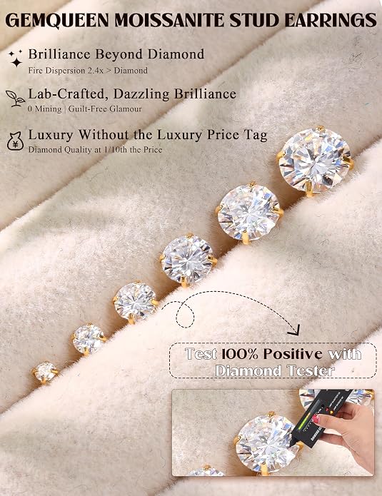 GEMQUEEN 6 Pairs 2-7mm Moissanite Earrings Studs 14K Gold Plated Stainless Steel Flat Back Earring for Women Men - Hypoallergenic Cartilage Helix Piercing Jewelry Brilliant Round Cut D Color VVS1 5.97CT