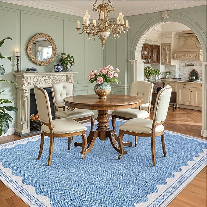 GarveeHome Scalloped 8x10 Rug for Living Room Washable Non-Slip Solid Blue Modern Minimalism Low-Pile Carpet 8 x 10 Rug for Bedroom Dining Nursery Mat with Rubber Back