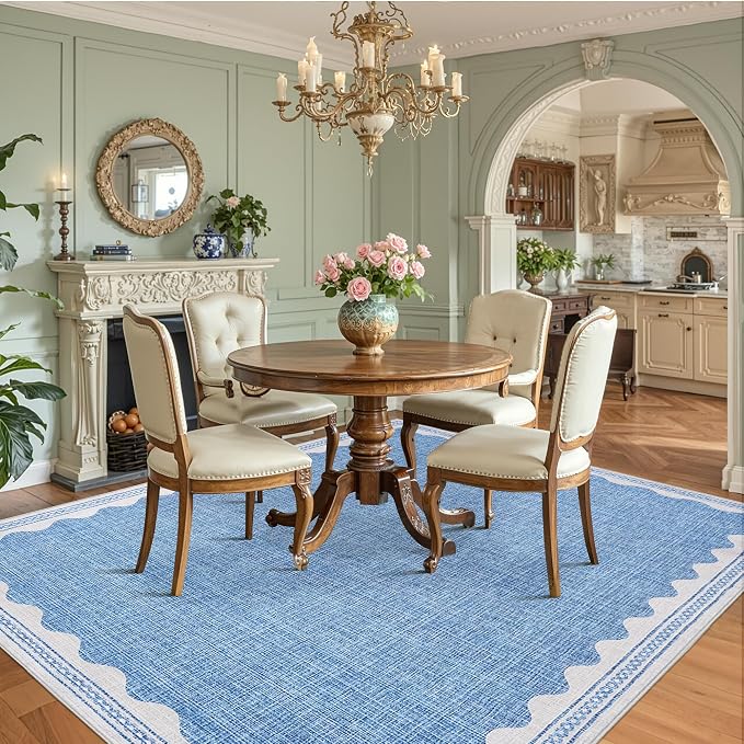 GarveeHome Scalloped Blue Washable Rugs 10x13 Rug for Living Room Non-Slip Solid Modern Minimalism Low-Pile Carpet 10 x 13 Rug for Bedroom Dining Nursery Rug