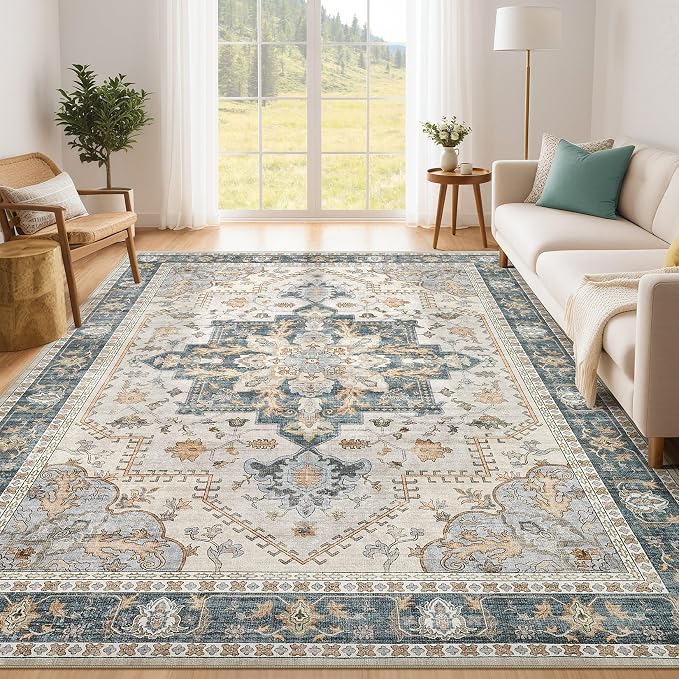 Tortania Area Rug Living Room Rugs - 5x7 Washable Boho Rug Vintage Oriental Distressed Farmhouse Large Thin Indoor Carpet for Living Room Bedroom Under Dining Table Home Office - TealTaupe