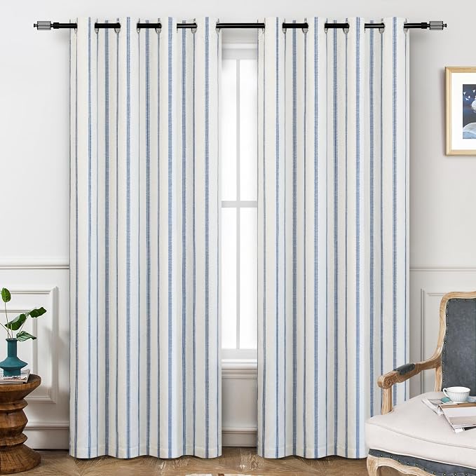 DriftAway Farmhouse Stripe Blackout Curtains, W52xL96, Navy Blue | Blackout, Linen Texture, Stripe Pattern, Rod Pocket & Back Tab, Two Layers, Bedroom Living Room Use, Sound Reducing Design